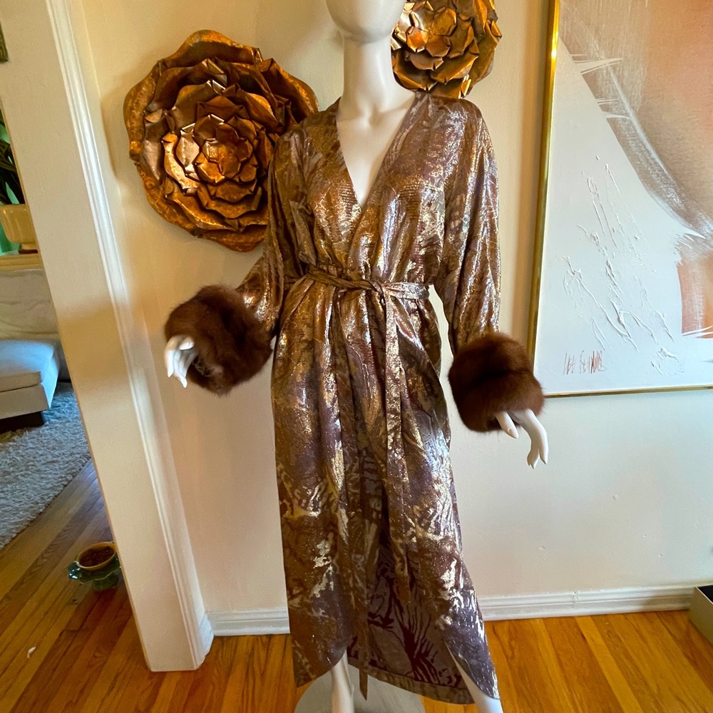 Vintage Metallic Dressing Gown with Fur Cuffs